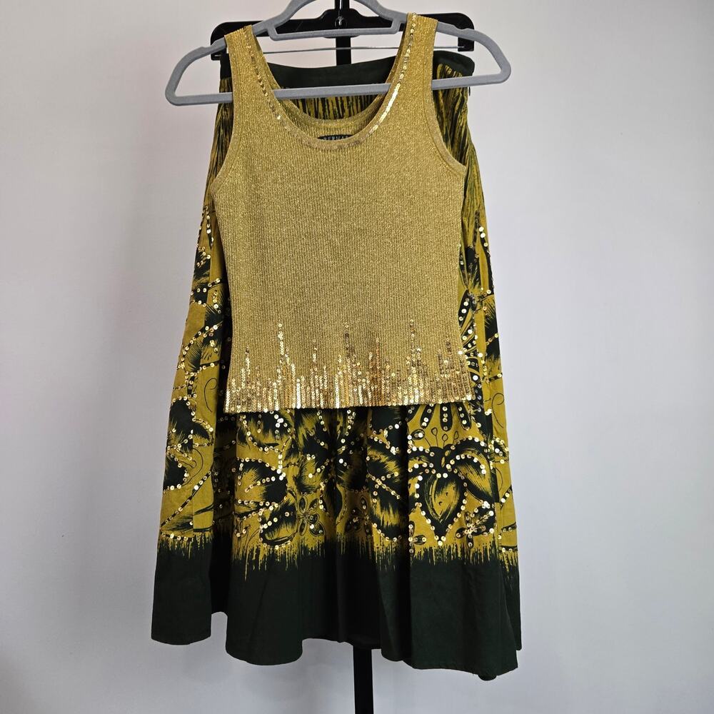 Bernardo Matching Set Knit Tank Midi Skirt Gold Green India Cotton Art to‎ Wear